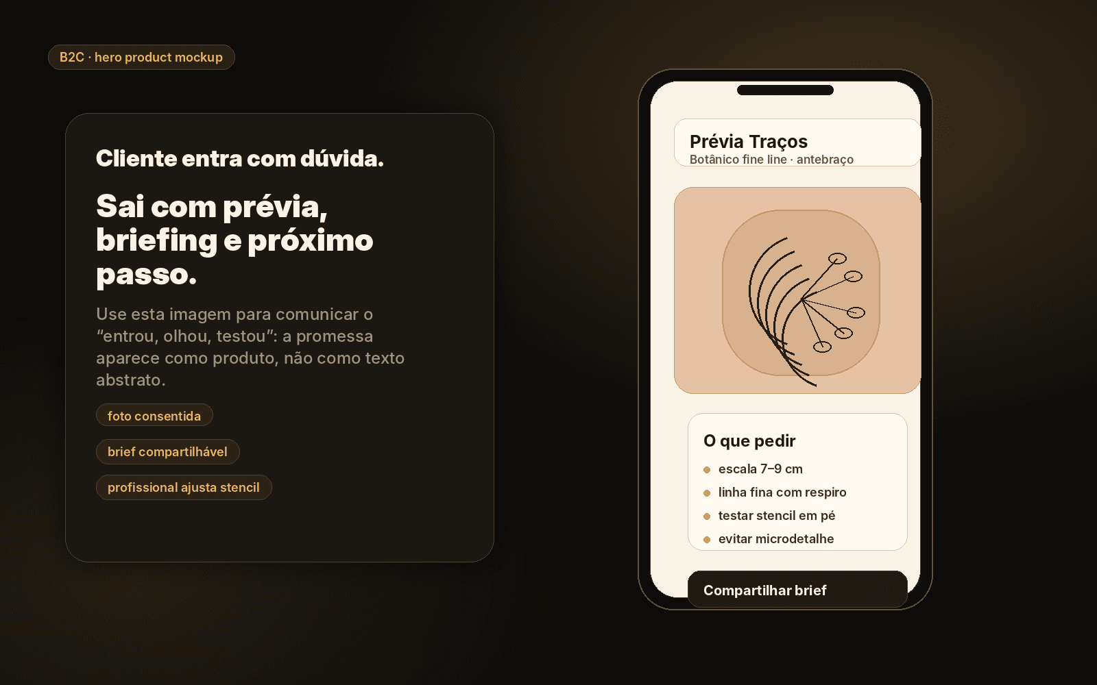 Preview visual de uma ideia de tattoo aplicada em foto consentida com brief lateral.